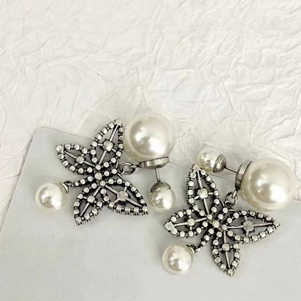 CD letter Silver diamond butterfly pearl earrings female